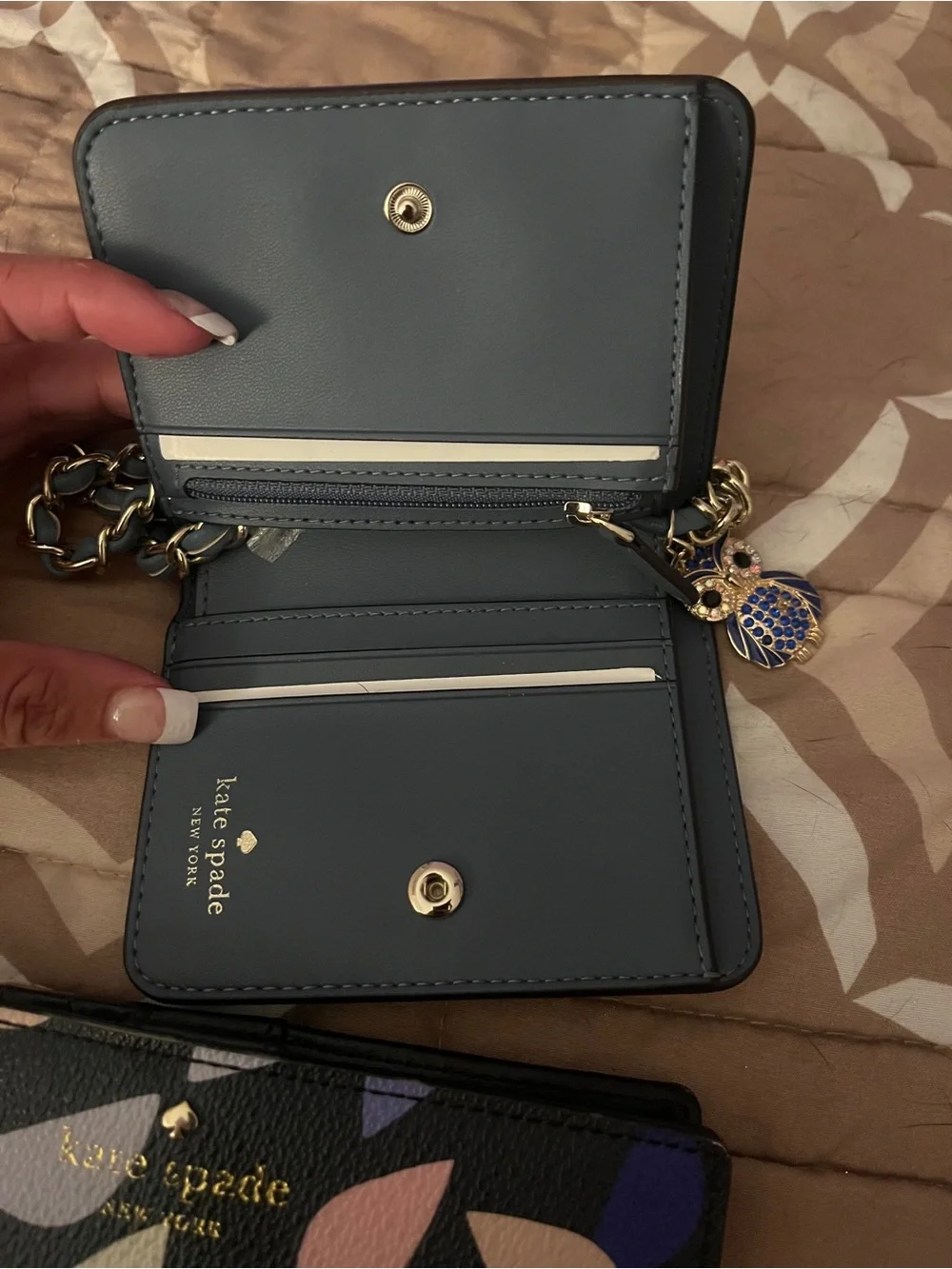 Brand new kate spade Black Multi Floral Chain Card Holder $ long  Wallet